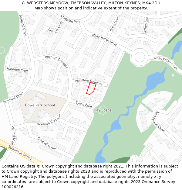 8, WEBSTERS MEADOW, EMERSON VALLEY, MILTON KEYNES, MK4 2DU: Location map and indicative extent of plot