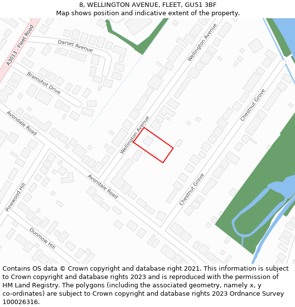 8, WELLINGTON AVENUE, FLEET, GU51 3BF: Location map and indicative extent of plot