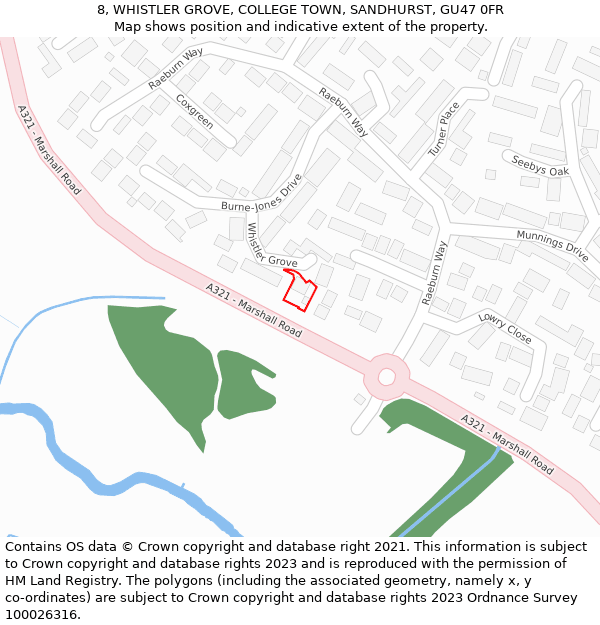 8, WHISTLER GROVE, COLLEGE TOWN, SANDHURST, GU47 0FR: Location map and indicative extent of plot