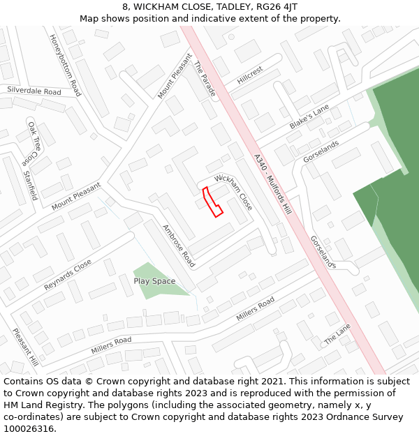 8, WICKHAM CLOSE, TADLEY, RG26 4JT: Location map and indicative extent of plot