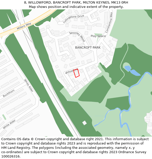 8, WILLOWFORD, BANCROFT PARK, MILTON KEYNES, MK13 0RH: Location map and indicative extent of plot