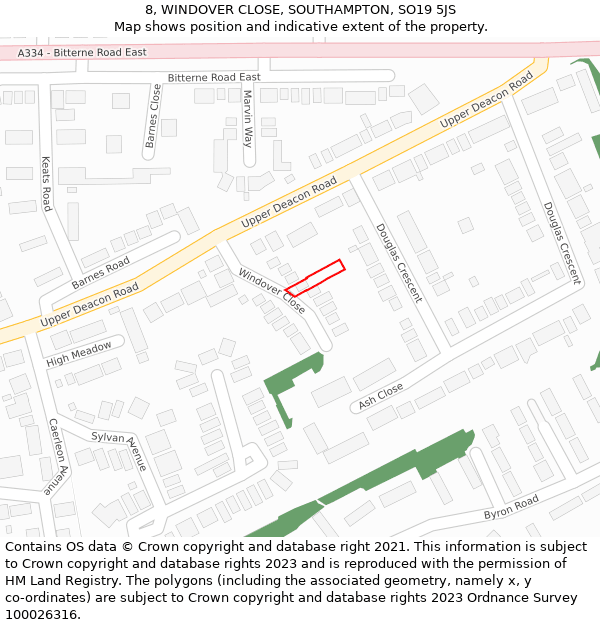 8, WINDOVER CLOSE, SOUTHAMPTON, SO19 5JS: Location map and indicative extent of plot