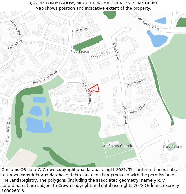 8, WOLSTON MEADOW, MIDDLETON, MILTON KEYNES, MK10 9AY: Location map and indicative extent of plot