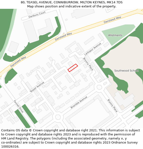 80, TEASEL AVENUE, CONNIBURROW, MILTON KEYNES, MK14 7DS: Location map and indicative extent of plot