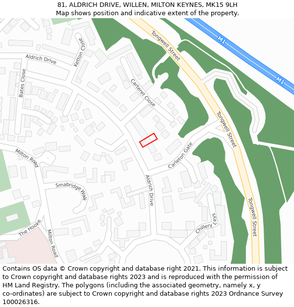 81, ALDRICH DRIVE, WILLEN, MILTON KEYNES, MK15 9LH: Location map and indicative extent of plot