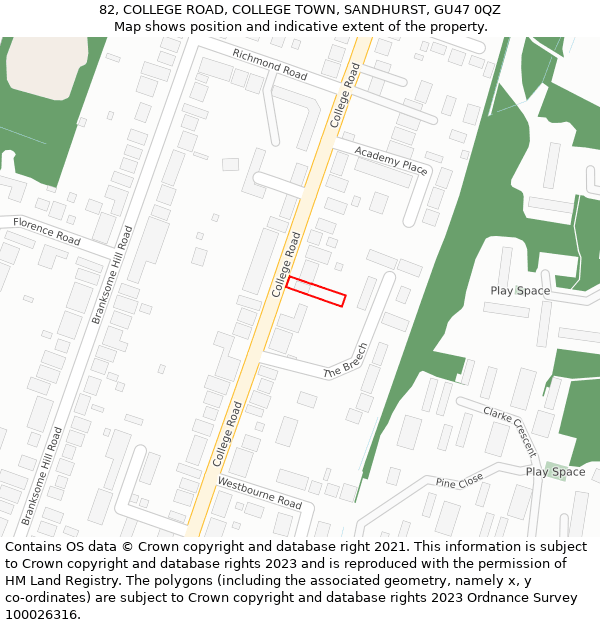 82, COLLEGE ROAD, COLLEGE TOWN, SANDHURST, GU47 0QZ: Location map and indicative extent of plot