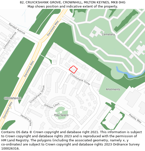 82, CRUICKSHANK GROVE, CROWNHILL, MILTON KEYNES, MK8 0HG: Location map and indicative extent of plot