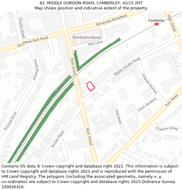 82, MIDDLE GORDON ROAD, CAMBERLEY, GU15 2HT: Location map and indicative extent of plot