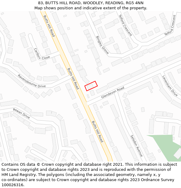 83, BUTTS HILL ROAD, WOODLEY, READING, RG5 4NN: Location map and indicative extent of plot