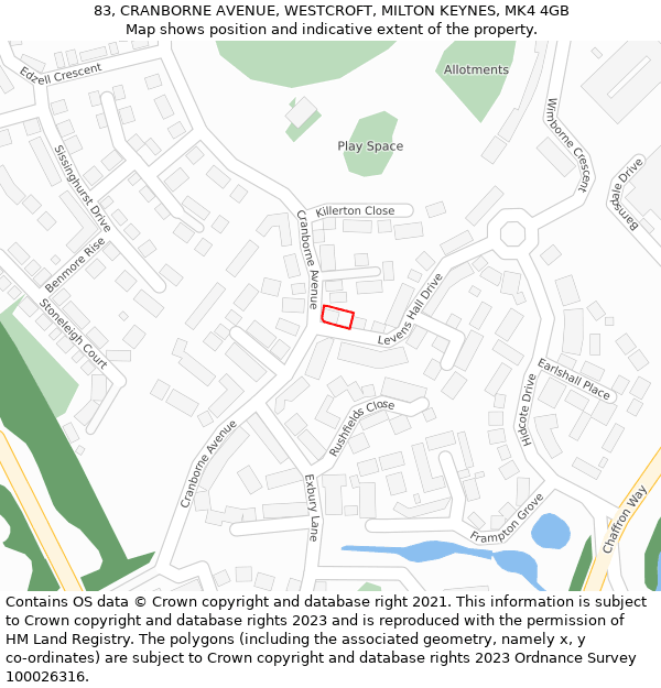 83, CRANBORNE AVENUE, WESTCROFT, MILTON KEYNES, MK4 4GB: Location map and indicative extent of plot