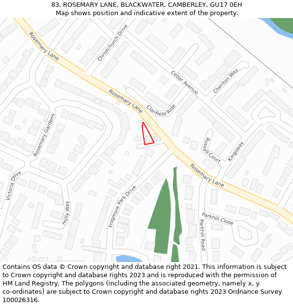 83, ROSEMARY LANE, BLACKWATER, CAMBERLEY, GU17 0EH: Location map and indicative extent of plot