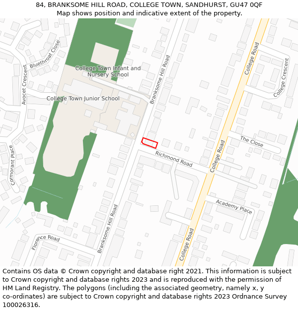 84, BRANKSOME HILL ROAD, COLLEGE TOWN, SANDHURST, GU47 0QF: Location map and indicative extent of plot