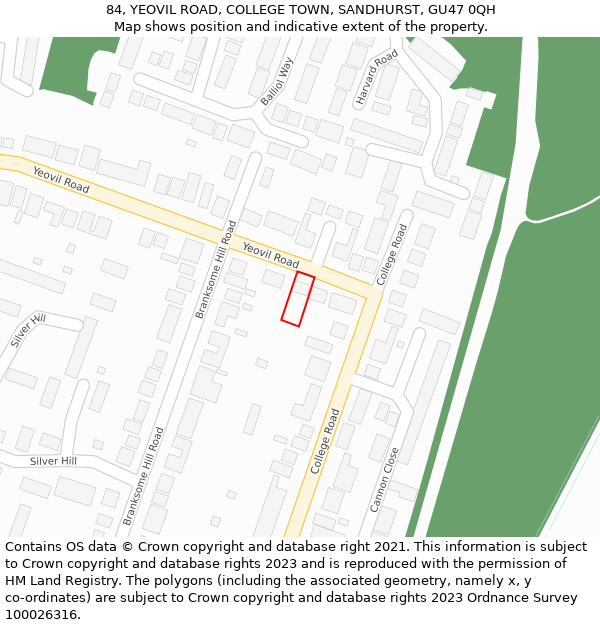 84, YEOVIL ROAD, COLLEGE TOWN, SANDHURST, GU47 0QH: Location map and indicative extent of plot
