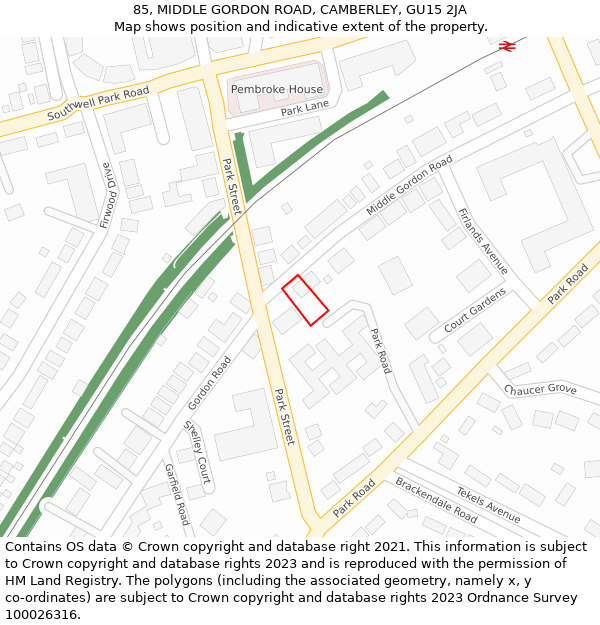 85, MIDDLE GORDON ROAD, CAMBERLEY, GU15 2JA: Location map and indicative extent of plot