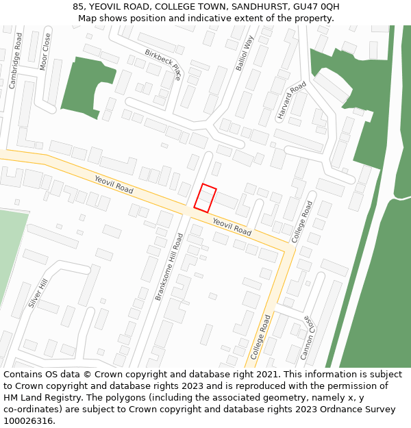 85, YEOVIL ROAD, COLLEGE TOWN, SANDHURST, GU47 0QH: Location map and indicative extent of plot