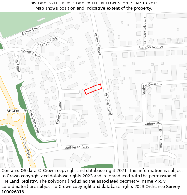 86, BRADWELL ROAD, BRADVILLE, MILTON KEYNES, MK13 7AD: Location map and indicative extent of plot