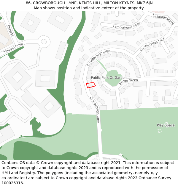 86, CROWBOROUGH LANE, KENTS HILL, MILTON KEYNES, MK7 6JN: Location map and indicative extent of plot