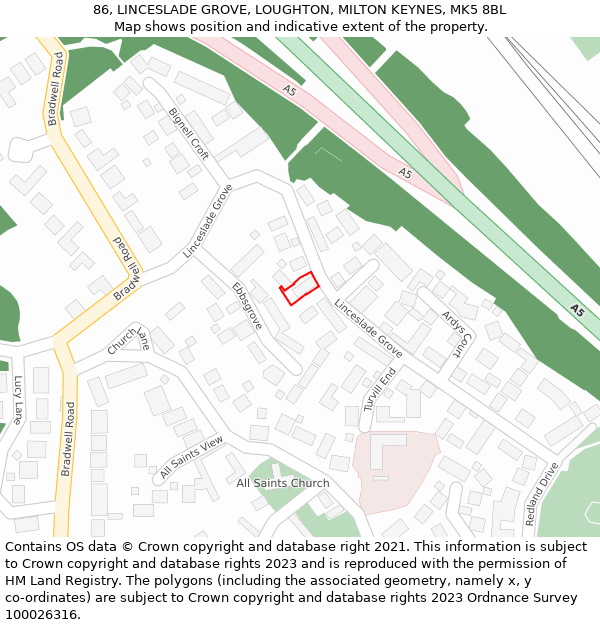 86, LINCESLADE GROVE, LOUGHTON, MILTON KEYNES, MK5 8BL: Location map and indicative extent of plot
