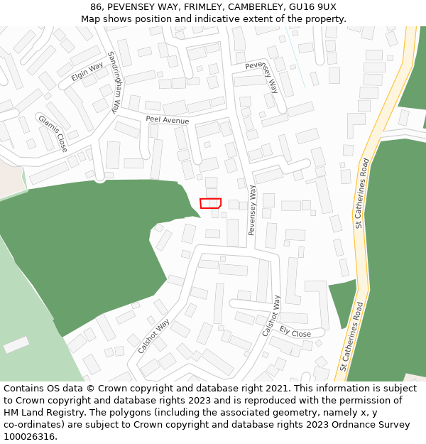 86, PEVENSEY WAY, FRIMLEY, CAMBERLEY, GU16 9UX: Location map and indicative extent of plot