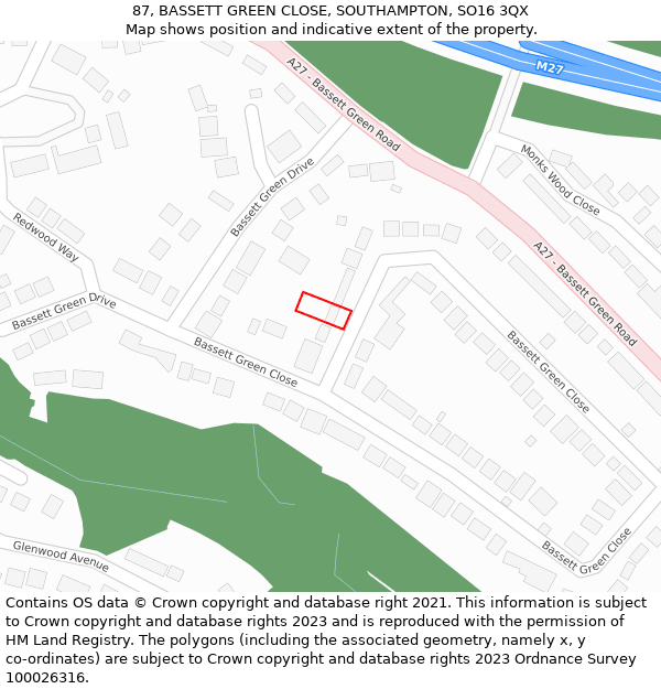 87, BASSETT GREEN CLOSE, SOUTHAMPTON, SO16 3QX: Location map and indicative extent of plot