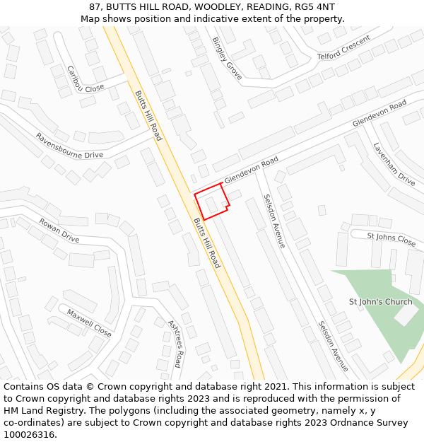 87, BUTTS HILL ROAD, WOODLEY, READING, RG5 4NT: Location map and indicative extent of plot