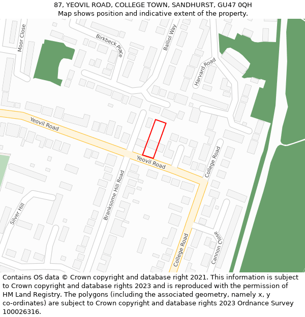87, YEOVIL ROAD, COLLEGE TOWN, SANDHURST, GU47 0QH: Location map and indicative extent of plot