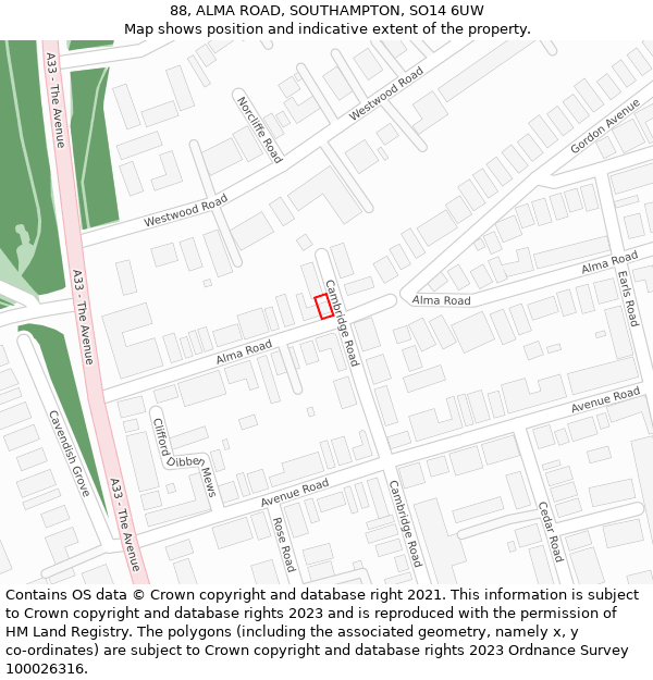 88, ALMA ROAD, SOUTHAMPTON, SO14 6UW: Location map and indicative extent of plot