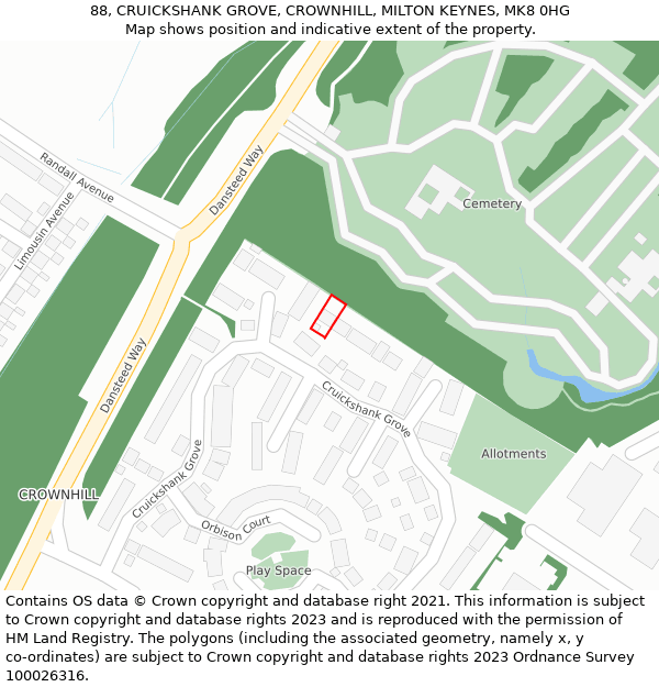 88, CRUICKSHANK GROVE, CROWNHILL, MILTON KEYNES, MK8 0HG: Location map and indicative extent of plot