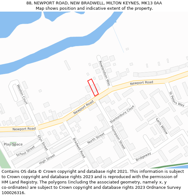 88, NEWPORT ROAD, NEW BRADWELL, MILTON KEYNES, MK13 0AA: Location map and indicative extent of plot
