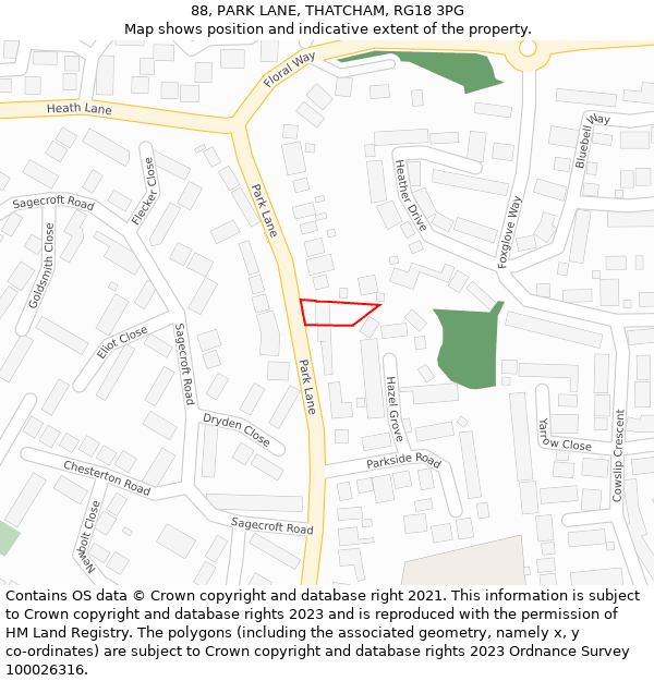 88, PARK LANE, THATCHAM, RG18 3PG: Location map and indicative extent of plot