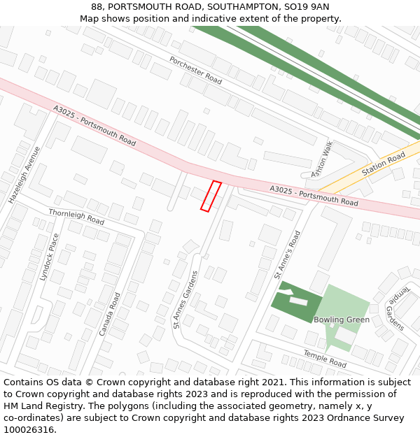 88, PORTSMOUTH ROAD, SOUTHAMPTON, SO19 9AN: Location map and indicative extent of plot