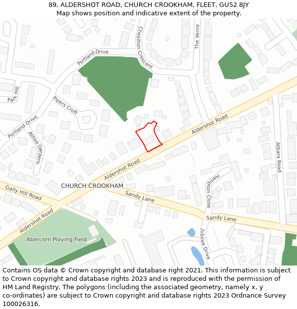 89, ALDERSHOT ROAD, CHURCH CROOKHAM, FLEET, GU52 8JY: Location map and indicative extent of plot