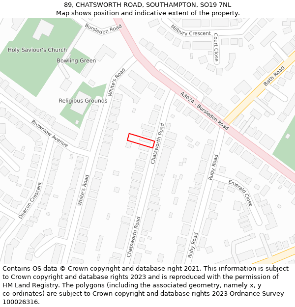 89, CHATSWORTH ROAD, SOUTHAMPTON, SO19 7NL: Location map and indicative extent of plot