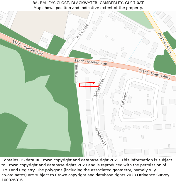 8A, BAILEYS CLOSE, BLACKWATER, CAMBERLEY, GU17 0AT: Location map and indicative extent of plot