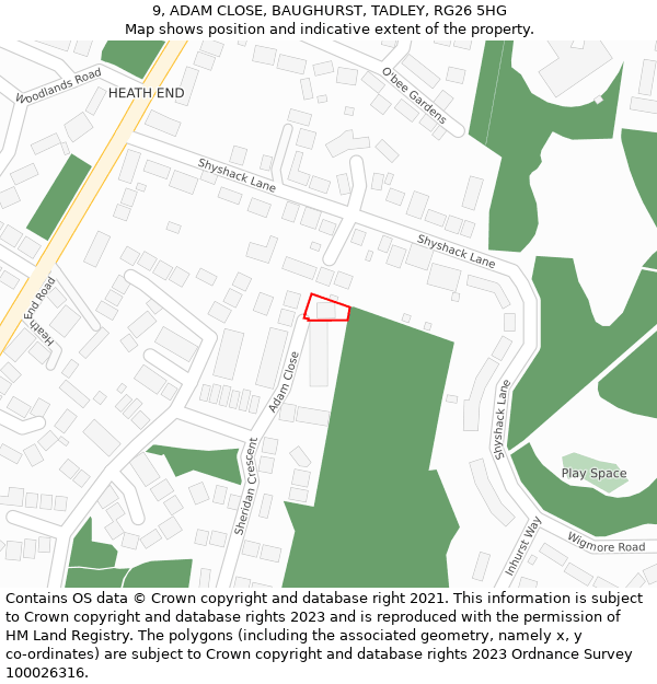 9, ADAM CLOSE, BAUGHURST, TADLEY, RG26 5HG: Location map and indicative extent of plot
