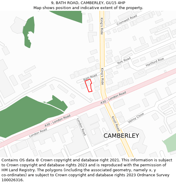 9, BATH ROAD, CAMBERLEY, GU15 4HP: Location map and indicative extent of plot
