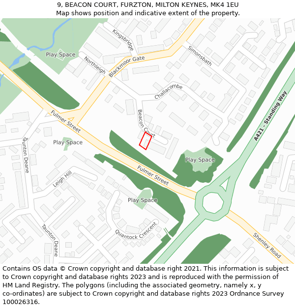 9, BEACON COURT, FURZTON, MILTON KEYNES, MK4 1EU: Location map and indicative extent of plot