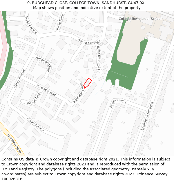 9, BURGHEAD CLOSE, COLLEGE TOWN, SANDHURST, GU47 0XL: Location map and indicative extent of plot