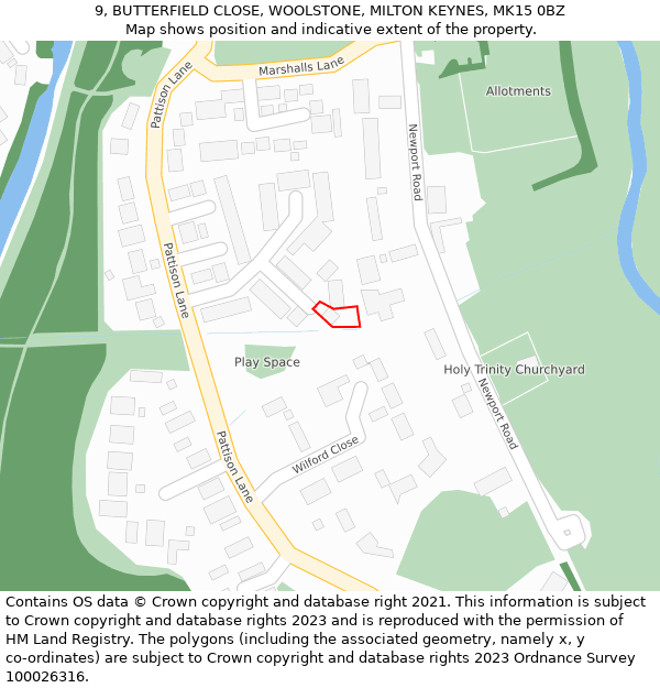 9, BUTTERFIELD CLOSE, WOOLSTONE, MILTON KEYNES, MK15 0BZ: Location map and indicative extent of plot