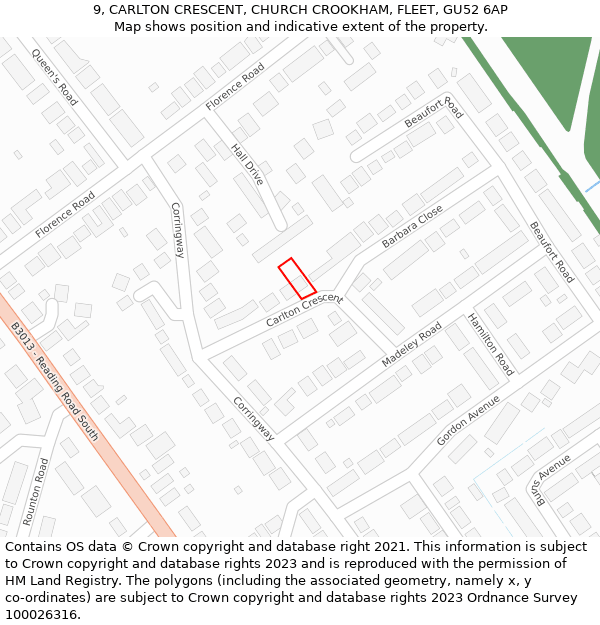 9, CARLTON CRESCENT, CHURCH CROOKHAM, FLEET, GU52 6AP: Location map and indicative extent of plot