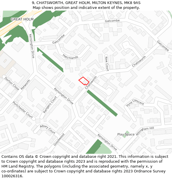 9, CHATSWORTH, GREAT HOLM, MILTON KEYNES, MK8 9AS: Location map and indicative extent of plot