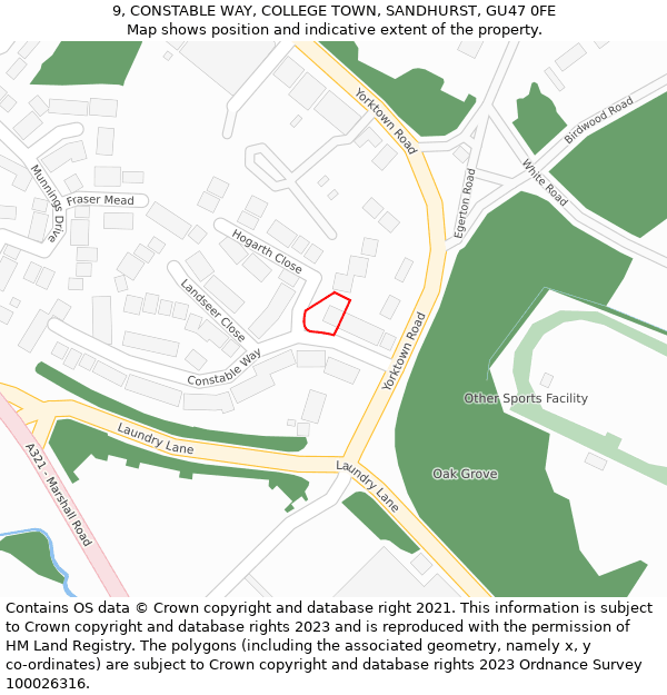 9, CONSTABLE WAY, COLLEGE TOWN, SANDHURST, GU47 0FE: Location map and indicative extent of plot