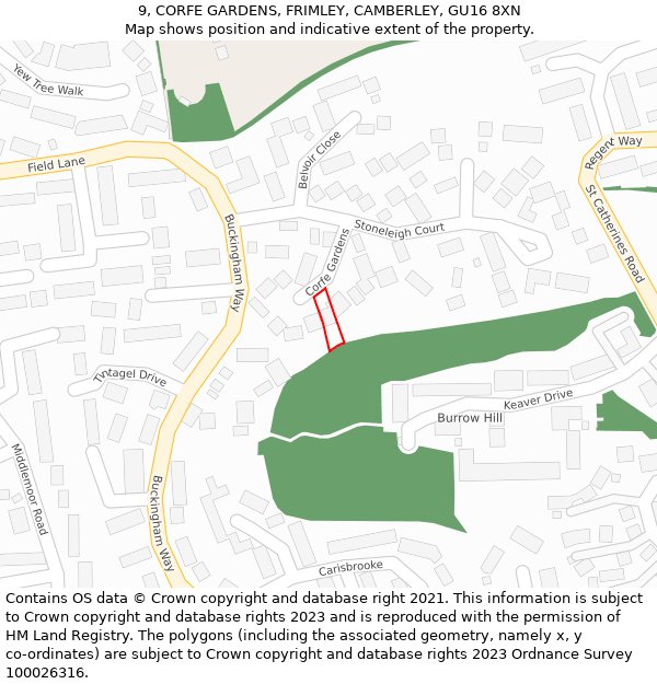 9, CORFE GARDENS, FRIMLEY, CAMBERLEY, GU16 8XN: Location map and indicative extent of plot