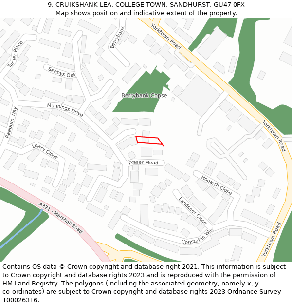 9, CRUIKSHANK LEA, COLLEGE TOWN, SANDHURST, GU47 0FX: Location map and indicative extent of plot