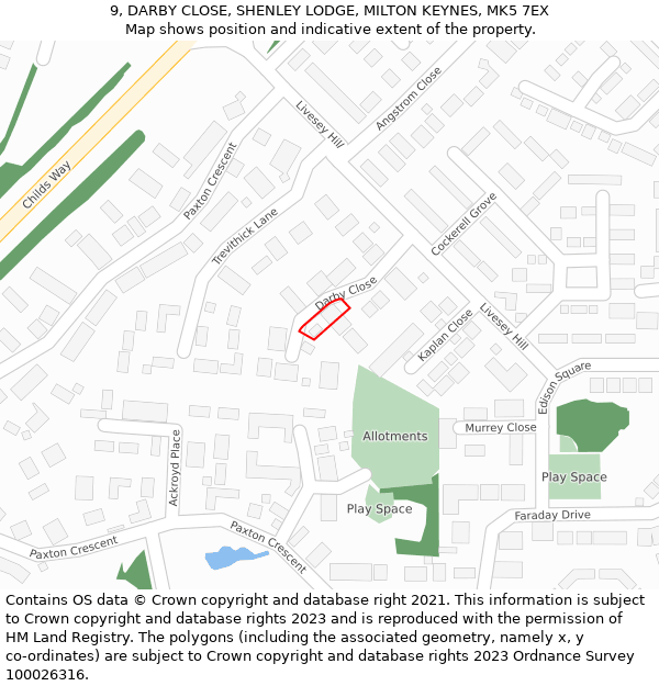 9, DARBY CLOSE, SHENLEY LODGE, MILTON KEYNES, MK5 7EX: Location map and indicative extent of plot