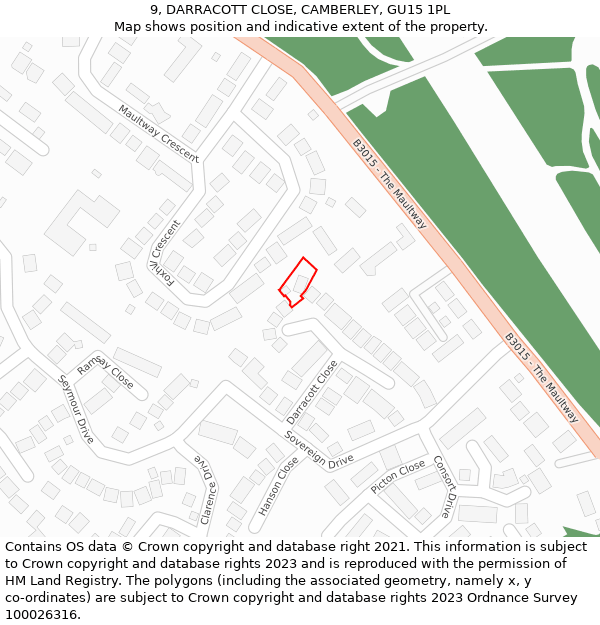 9, DARRACOTT CLOSE, CAMBERLEY, GU15 1PL: Location map and indicative extent of plot