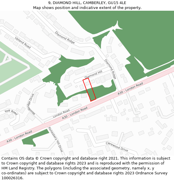 9, DIAMOND HILL, CAMBERLEY, GU15 4LE: Location map and indicative extent of plot