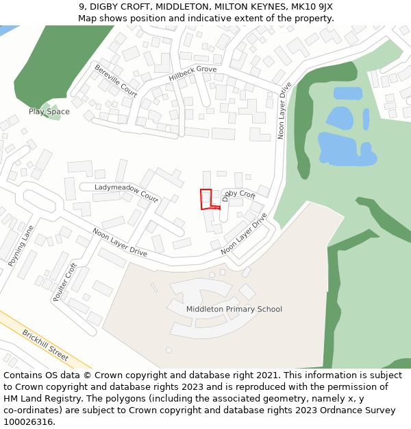 9, DIGBY CROFT, MIDDLETON, MILTON KEYNES, MK10 9JX: Location map and indicative extent of plot