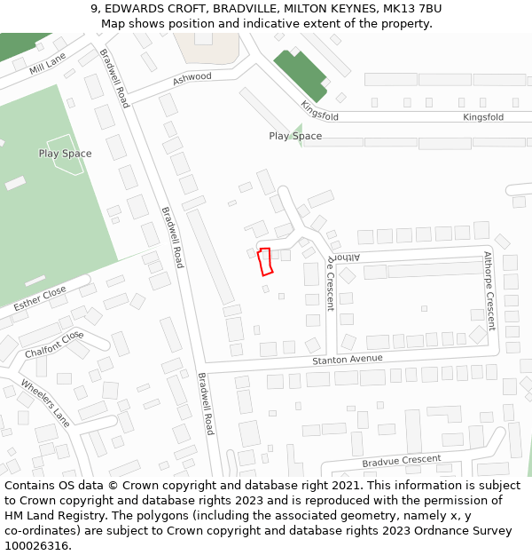 9, EDWARDS CROFT, BRADVILLE, MILTON KEYNES, MK13 7BU: Location map and indicative extent of plot