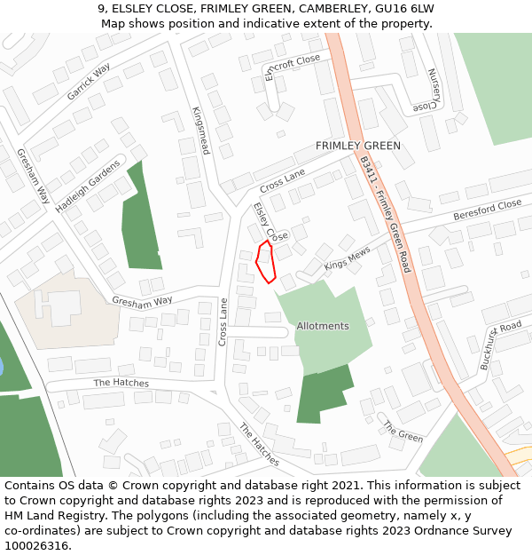 9, ELSLEY CLOSE, FRIMLEY GREEN, CAMBERLEY, GU16 6LW: Location map and indicative extent of plot